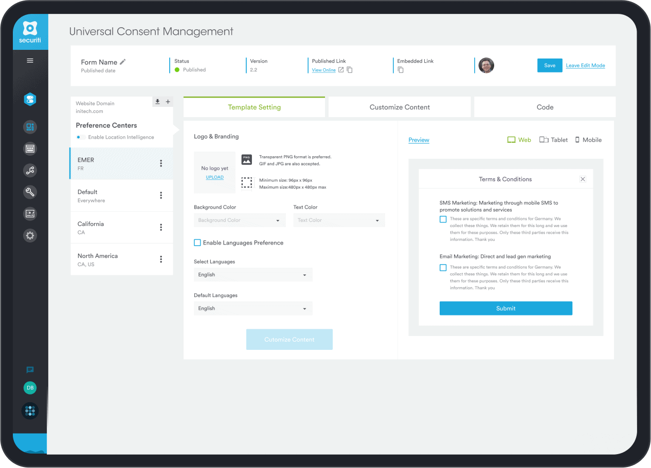 Universal consent management dashboard